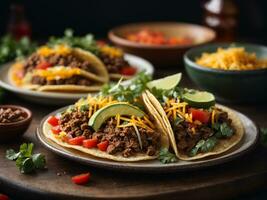 ai generado grupo de difícil sin cáscara tacos con suelo carne de res, lechuga, Tomates y queso cerca arriba foto