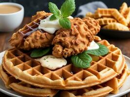 AI generated close up of rustic southern american comfort food chicken waffle photo