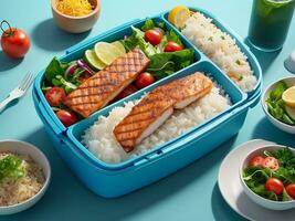 ai generado almuerzo caja contenedores con A la parrilla salmón pescado filete, arroz y ensalada foto