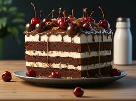 AI generated German chocolate cake stand, featuring moist chocolate cake layers, luscious cherry filling, and fluffy whipped cream. photo