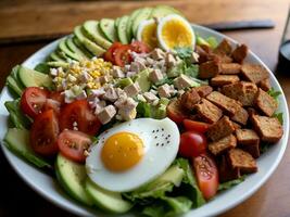 AI generated Healthy cobb salad with chicken, avocado, bacon, tomato, cheese and eggs. American food. photo