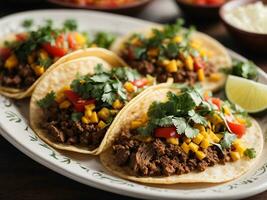 AI generated Group of hard shelled tacos with ground beef, lettuce, tomatoes and cheese close up photo