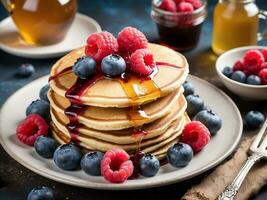 AI generated a stack of delicious pancakes with melting butter and maple syrup, cooked to perfection, breakfast, Food photo