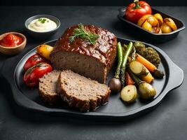 AI generated Traditional American meatloaf with ketchup from ground beef with carrots and onion as closeup modern design cast iron tray photo