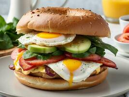 AI generated Poppy seed bagel with cheese cream, smoked egg and arugula photo