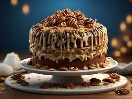 AI generated German chocolate cake with coconut, pecan frosting, chocolate cake, coconut and chopped pecans photo