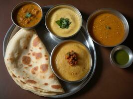 ai generado dosa sur India, hecho desde un fermentado masa predominantemente consistente de lentejas y arroz. estilizado con sambar, chatney, bhaji, en cuenco y algunos baquetas foto