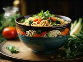 AI generated Asian vegetarian food udon noodles with baby bok choy, shiitake mushrooms, sesame and pepper photo