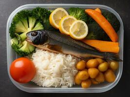 AI generated Meal prep lunch box containers with baked salmon fish, rice, green broccoli and asparagus photo