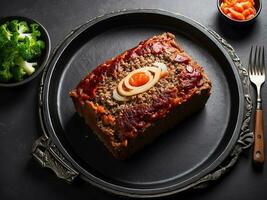 AI generated meatloaf with greenbeans and mashed potatoes photo