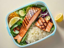 AI generated Lunch box containers with grilled salmon fish fillet, rice and salad photo