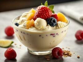 AI generated glass jar filled with homemade granola, yogurt and fresh berries served for breakfast photo