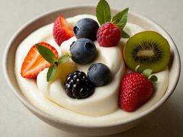 ai generado cremoso vainilla congelado yogur con Fresco Fruta foto