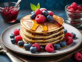 AI generated a stack of delicious pancakes with melting butter and maple syrup, cooked to perfection, breakfast, Food photo