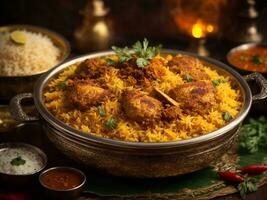 AI generated Chicken biryani , kerala style chicken dhum biriyani made using jeera rice and spices arranged in a brass serving bowl photo