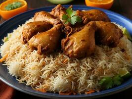 AI generated Chicken dhum biriyani using jeera rice and spices arranged in earthen ware with raitha and lemon pickle photo