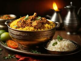 AI generated Chicken biryani Spicy Indian Malabar biryani Hyderabadi biryani, Dum Biriyani pulao golden bowl photo