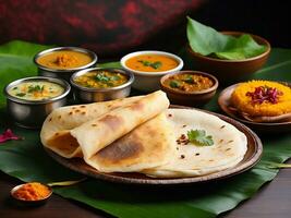 AI generated A dosa, also called dosai, dosey, or dosha, is a thin paratha in South Indian cuisine photo