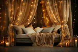 AI generated Enchanting ambiance created by soft string lights in a room, hygge concept photo