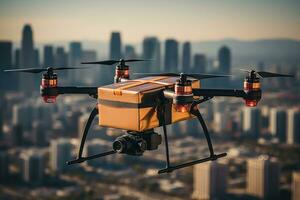 AI generated Efficient future drone deliveries over city skylines, futurism image photo