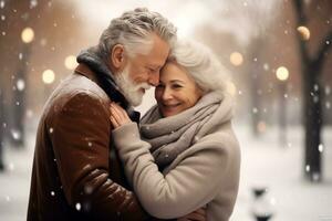 ai generado contento mayor europeo Pareja abrazando en un invierno público parque. maduro personas que cae en amor con cada otro. ai generado. concepto de Siempre amar, enamorado día, y longevidad foto