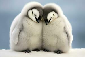 ai generado soñoliento pingüinos abrazo. un dulce expresión de amar, cuidado, y apoyo. Perfecto para san valentin día y fauna silvestre temas suave matices ai generado. foto