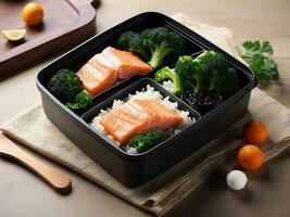 AI generated a bento box filled with different types of sushi and veggies, including tomatoes, cucumbers, avocado, and cucumbers photo