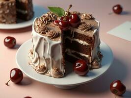 AI generated German chocolate cake stand, featuring moist chocolate cake layers, luscious cherry filling, and fluffy whipped cream. photo