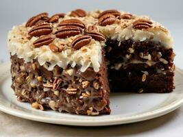 AI generated German chocolate cake with coconut, pecan frosting, chocolate cake, coconut and chopped pecans. photo