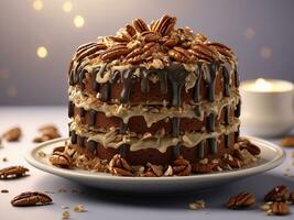 AI generated German chocolate cake with coconut, pecan frosting, chocolate cake, coconut and chopped pecans photo