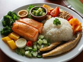 ai generado sano almuerzo a oficina lugar de trabajo. para llevar almuerzo cajas con nutrición comida - pez, vegetales y frutas a trabajando escritorio foto