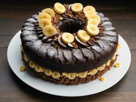 AI generated German chocolate cake with two layers of chocolate cake filled and topped with banana cream photo