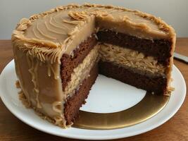 AI generated German chocolate cake with coconut, pecan frosting, chocolate cake, coconut and chopped pecans. photo