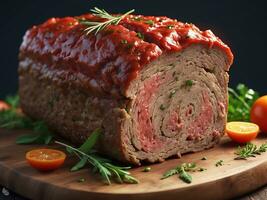 AI generated Check out this mouthwatering macro shot of BBQ glazed meatloaf topped with crispy bacon strips photo