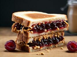 AI generated Delicious peanut butter and jelly sandwich on kitchen cutting board photo