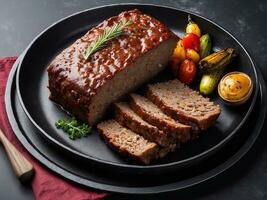 AI generated Traditional American meatloaf with ketchup from ground beef with carrots and onion as closeup modern design cast iron tray photo