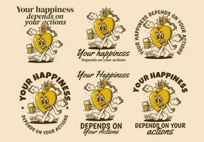 Your happiness depends on your actions. Character of sun and heart holding a beer vector