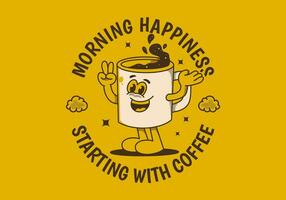 Morning happiness starting with coffee. Vintage mascot character of coffee mug with happy face vector