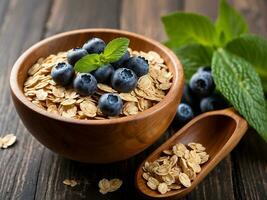 AI generated Rolled oats in a wooden bowl with fresh blueberries, sprig of mint and honey at the background Healthy lifestyle, healthy eating, vegan food concept photo