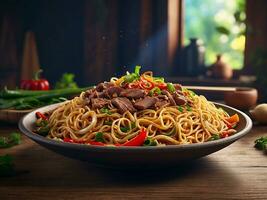 AI generated Asian stir fried noodles with beef peppers and onions panorama photo