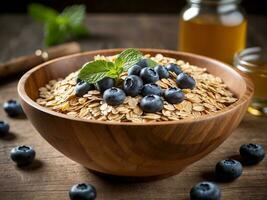 AI generated Rolled oats in a wooden bowl with fresh blueberries, sprig of mint and honey at the background photo