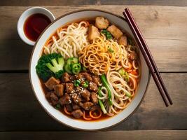 AI generated Schezwan veg noodles is a spicy and tasty stir beef fried flat Hakka noodles with sauce photo