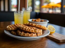 AI generated Pile of Chicken and Waffles on a Rustic Wooden Counter photo