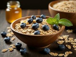 AI generated Rolled oats in a wooden bowl with fresh blueberries, sprig of mint and honey at the background photo