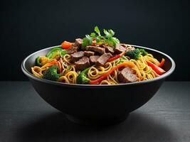 AI generated Spicy Asian noodles with beef and vegetables photo