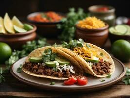 AI generated Mexican tacos with beef, tomatoes, avocado, chilli and onions isolated background. photo