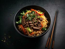 AI generated Asian vegetarian food udon noodles with baby bok choy, shiitake mushrooms, sesame and pepper photo