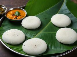 ai generado sur indio comida Idli sambar con Coco chatney foto