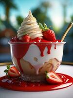 AI generated Close up on bowl of spaghetti ice cream with strawberry on top, or German ice cream dish Spaghettieis photo