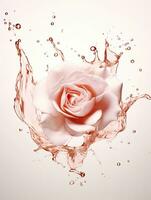 Pink rose with water splash and drops on a white background. Close-up. AI generative. photo